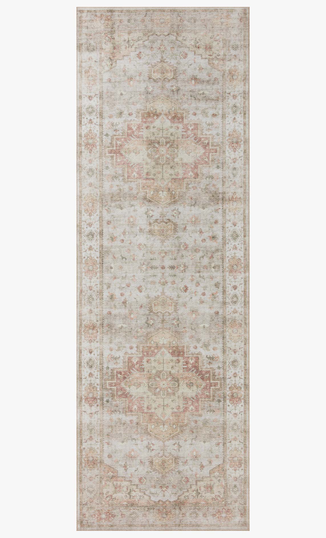 Traditional power-loomed runner-style rug with faded medallion and ornamental border in sage