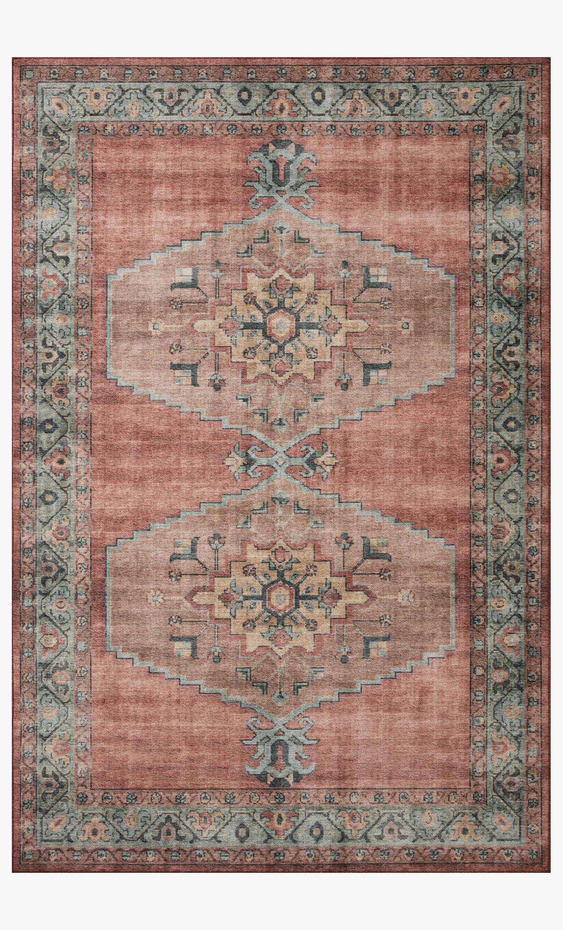 Traditional power-loomed rug with rust red medallion and aqua geometric border, rectangular