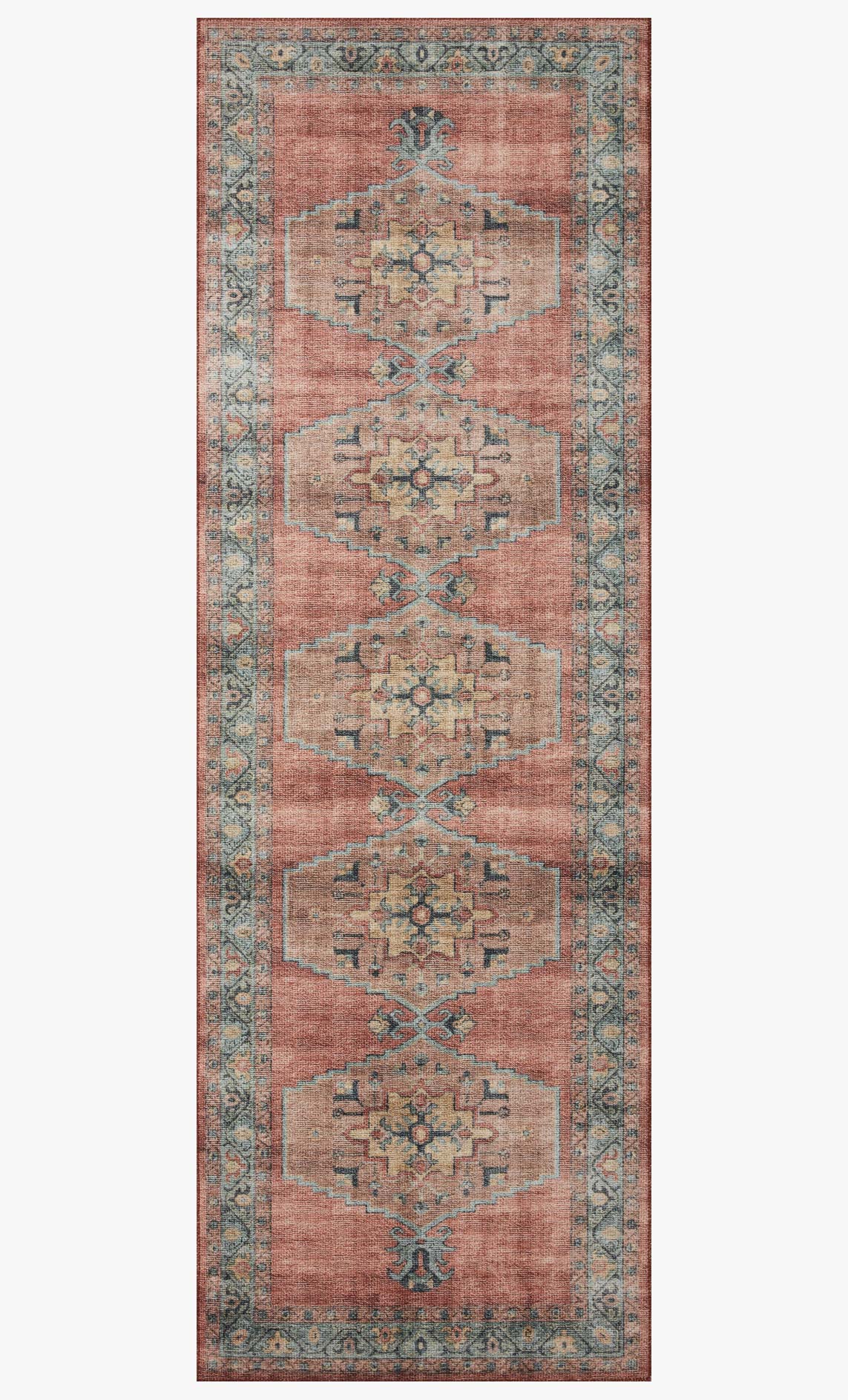 Rectangular rust red rug with three stacked medallion panels and aqua accents