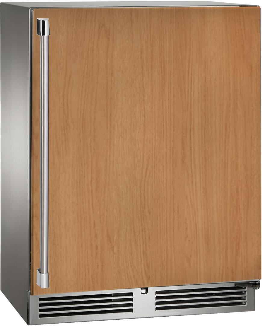 Perlick panel-ready compact refrigerator showing bottom grille vents and vertical stainless handle
