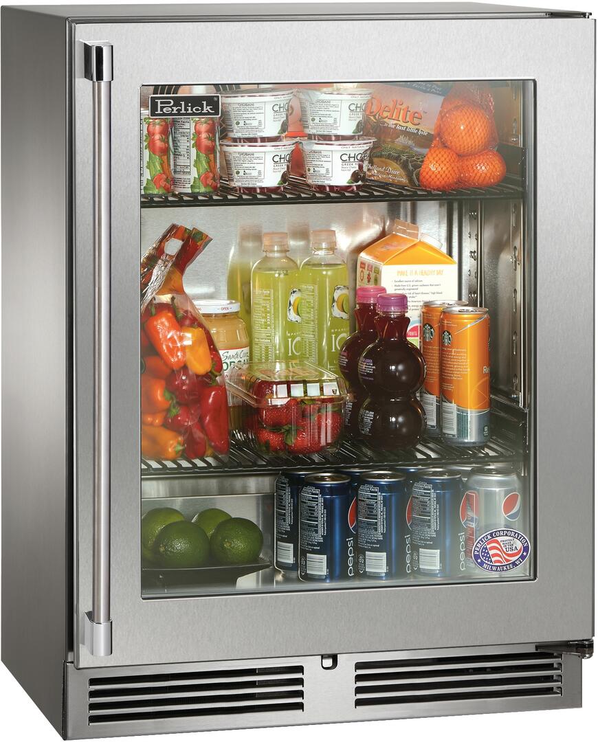 Stainless compact refrigerator with glass door and stocked drinks on shelves
