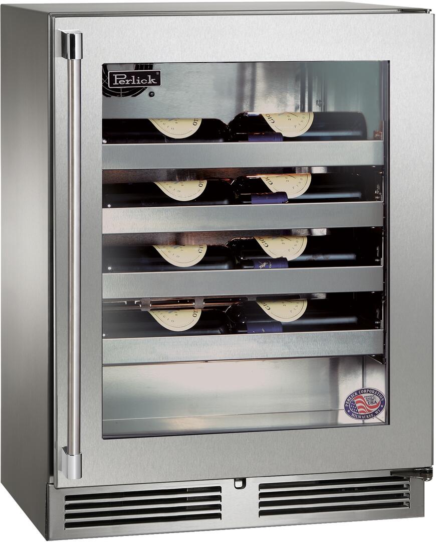 Stainless steel wine cooler with pull handle, glass door, and wine bottle racks