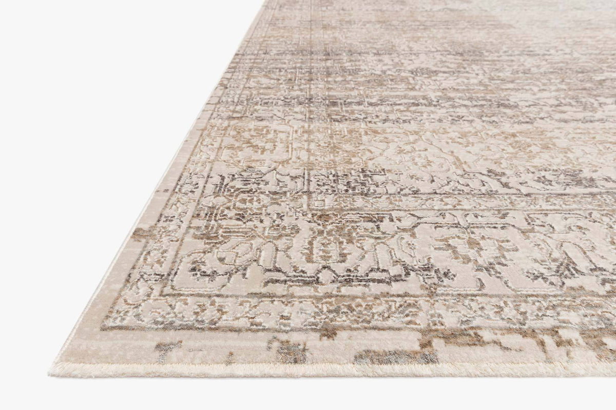 Beige and grey transitional rug, corner view showing detailed vintage-style border pattern