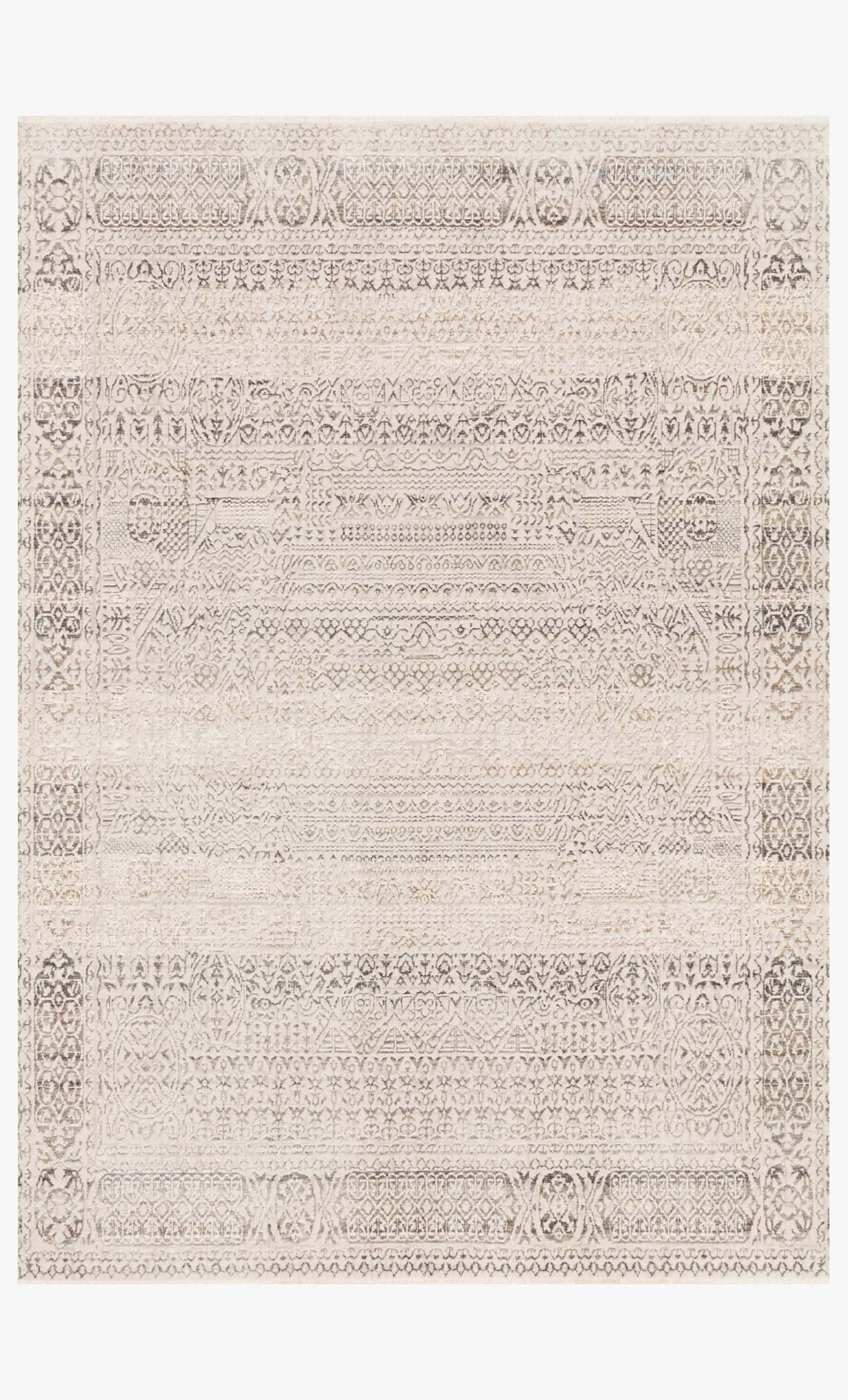 Ivory and silver power-loomed rug with ornate border and distressed patterned center