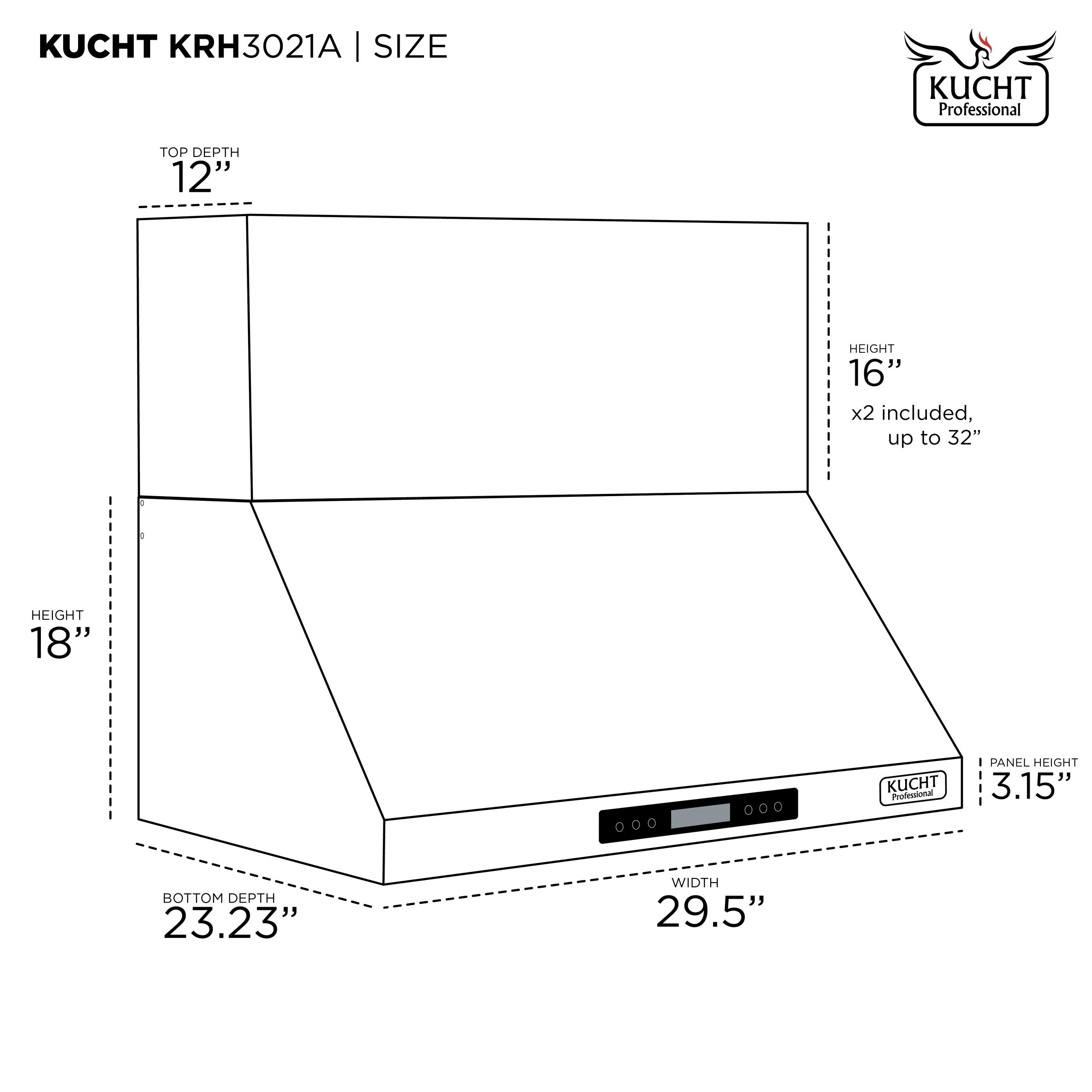 Range hood size diagram with width, depth, and height measurements for wall mounting