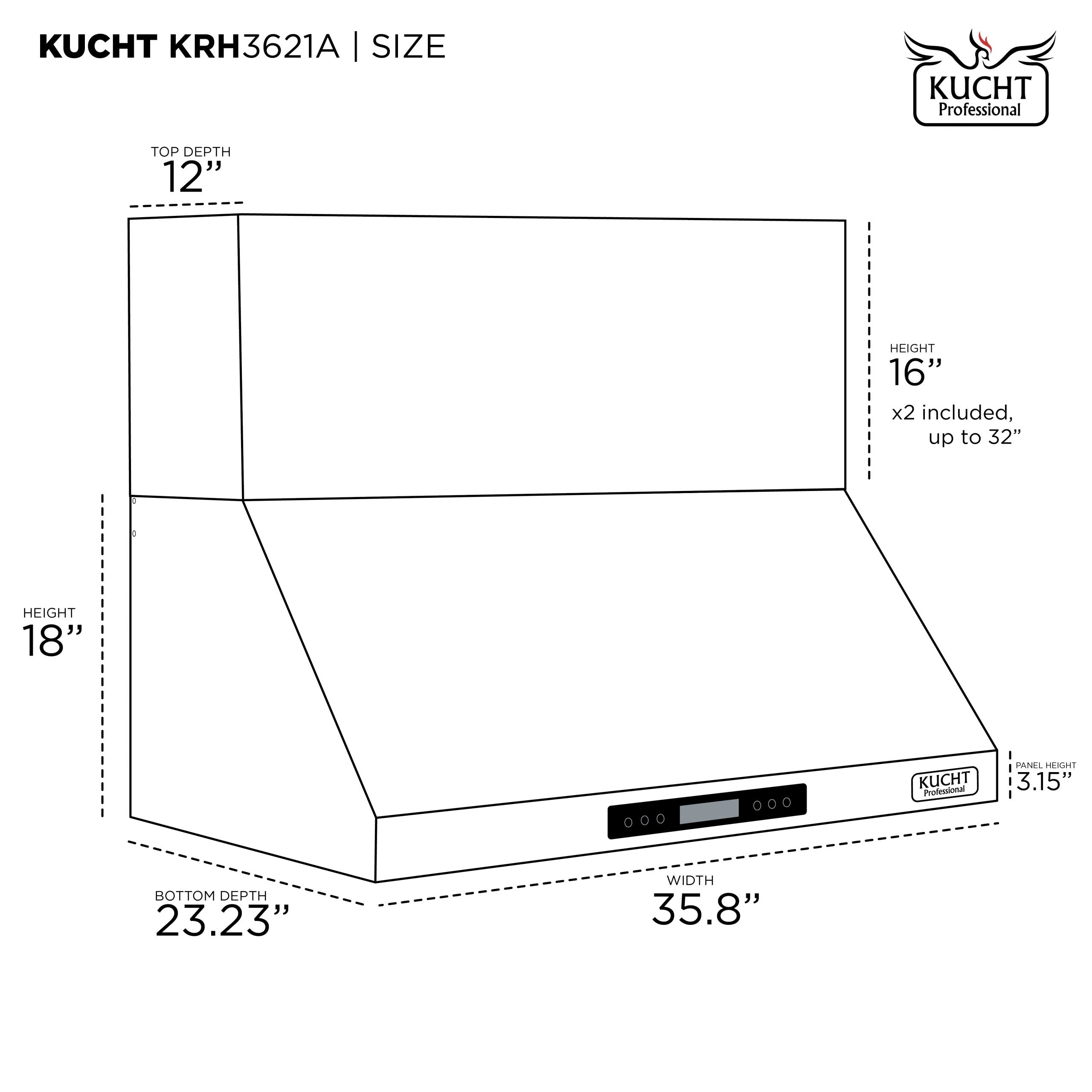 Range hood size diagram with wall depth and width measurements