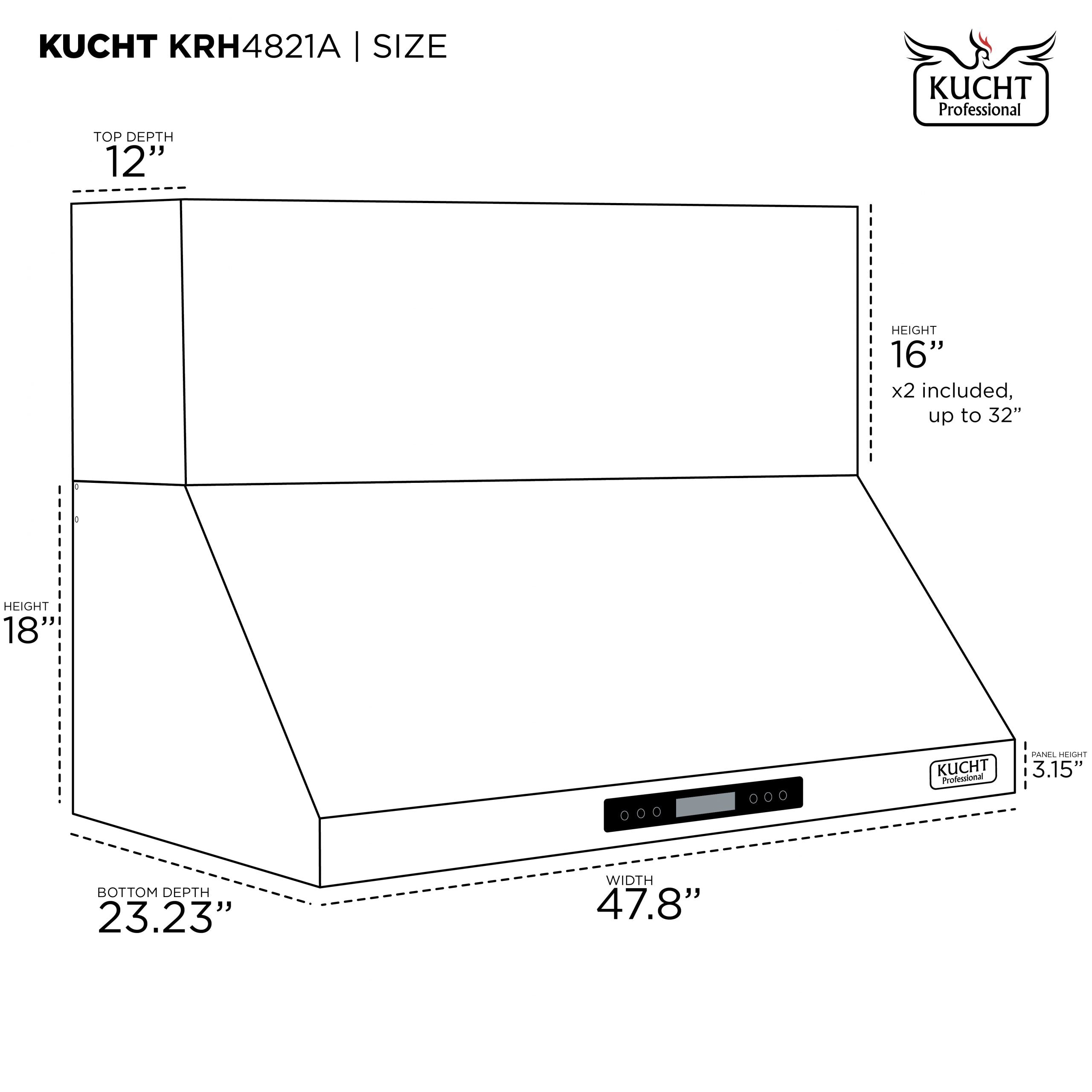 Stainless wall range hood size diagram with height, width, and control area