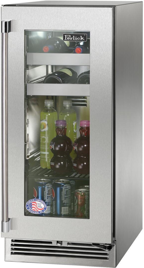 Stainless beverage center with clear glass door and visible side handle, bottle shelves