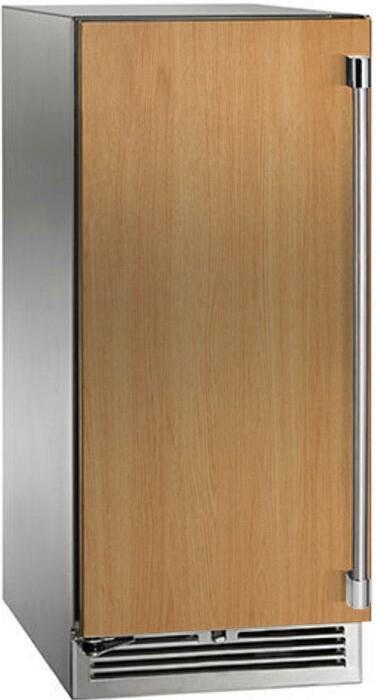 Panel-ready compact refrigerator with wood-look door, stainless sides, bottom vent grille