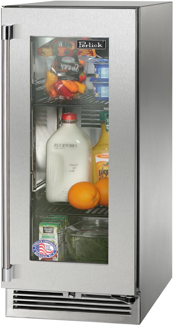 Stainless steel compact built-in refrigerator with open door, stocked interior shelves