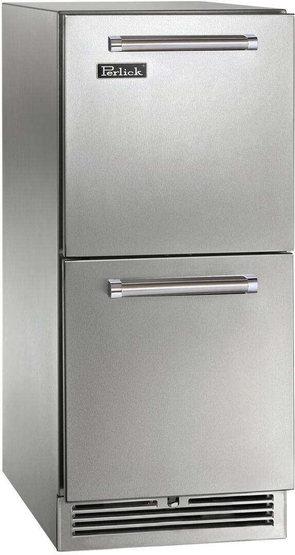 Perlick stainless steel outdoor refrigerator with two doors, top handle bar, and bottom grille
