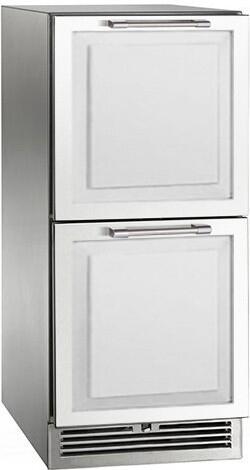Stainless steel two-drawer refrigerator with stacked doors and horizontal pull handles