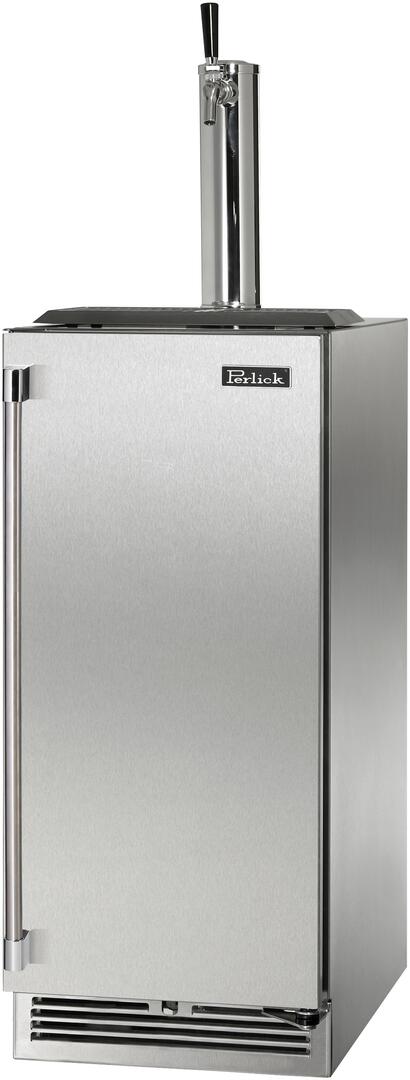 Stainless steel beer dispenser with draft arm tower and faucet, side front view