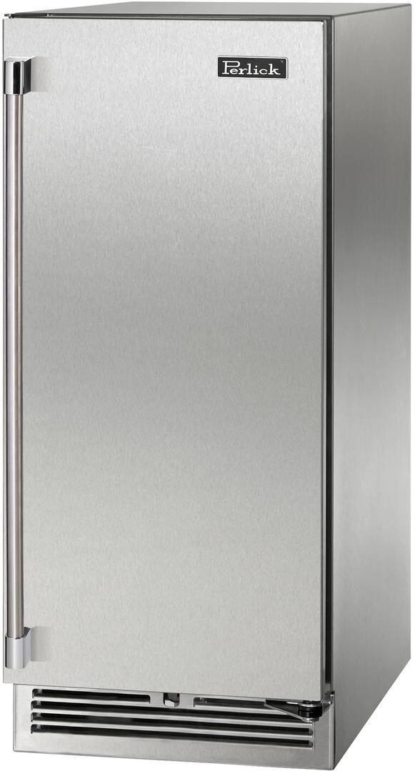 Built-in stainless steel wine cooler door with Perlick logo, side handles, bottom grille