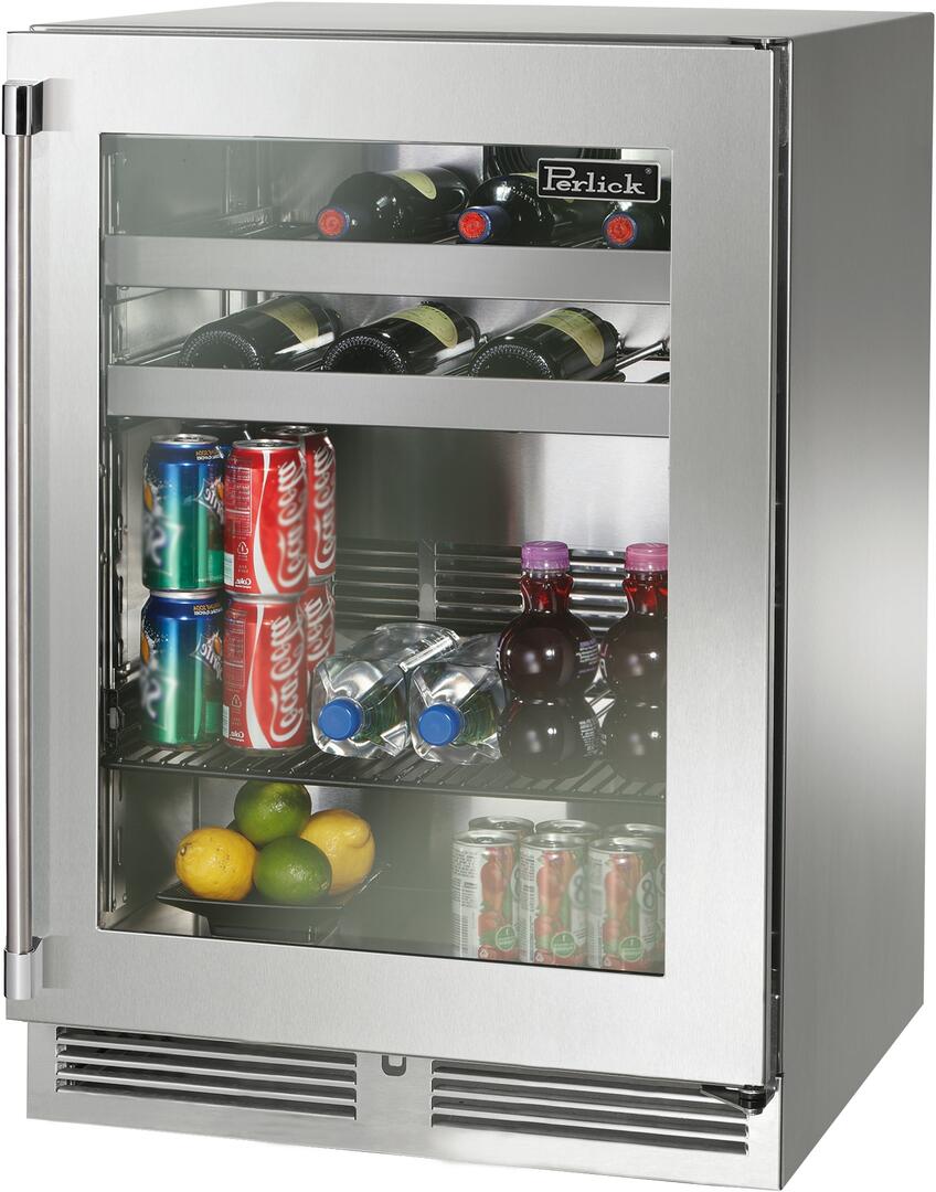 Perlick stainless beverage center with clear glass door, bottles, cans, and fruit storage