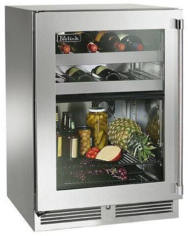 Perlick outdoor beverage center with stainless steel frame and glass door, stocked shelves