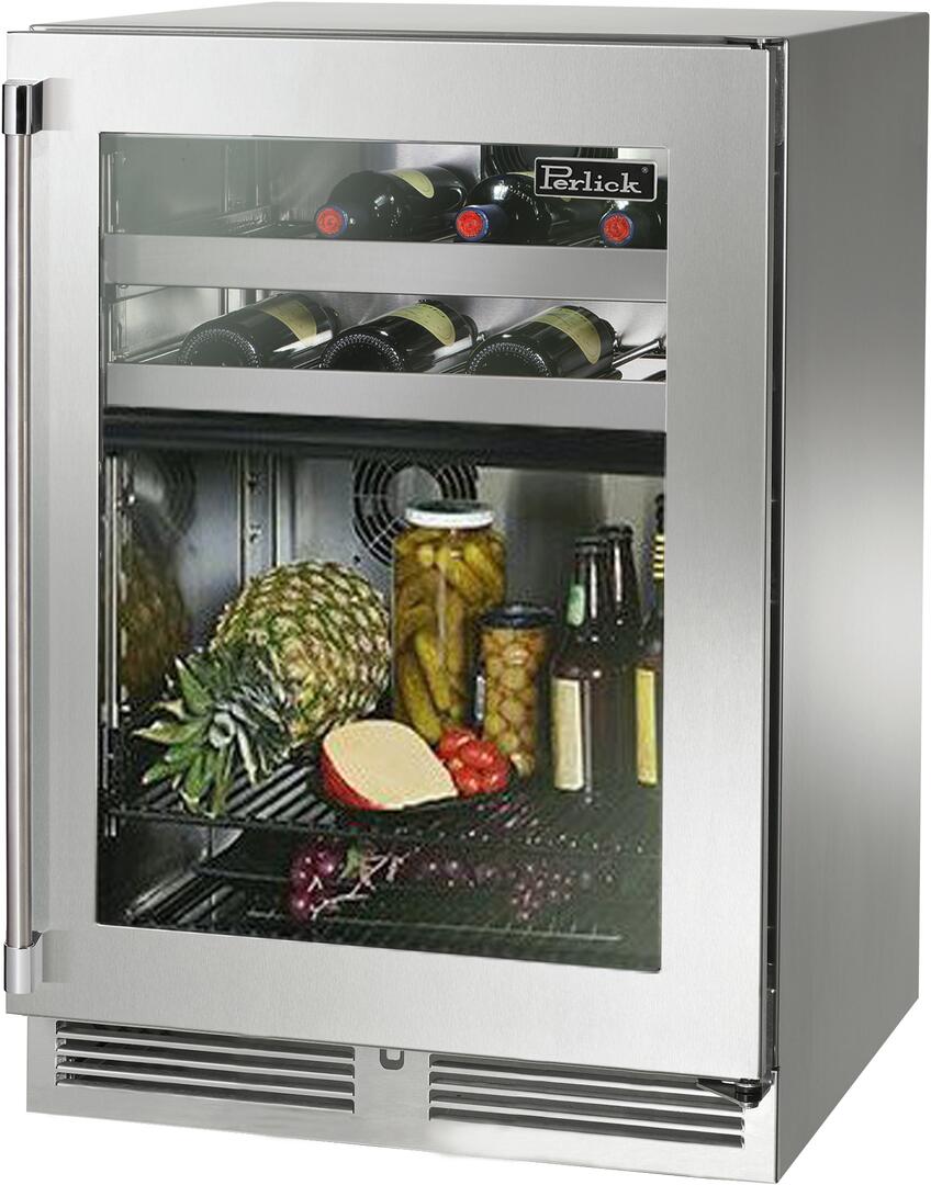 Perlick outdoor beverage center with stainless body, clear glass door, and bottle storage