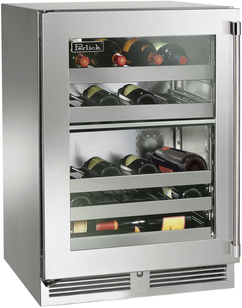 Stainless steel built-in dual-zone wine cooler with glass door and wine bottle racks