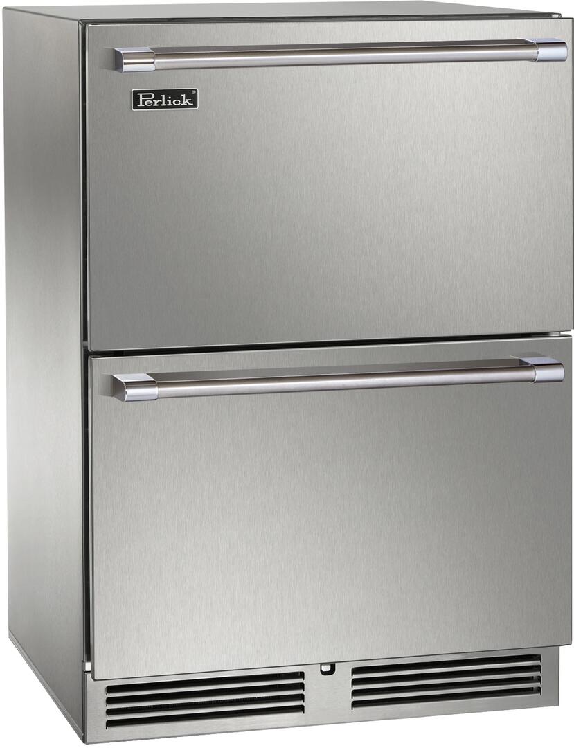Stainless steel 2-drawer refrigerator unit with Perlick logo, built-in counter depth.