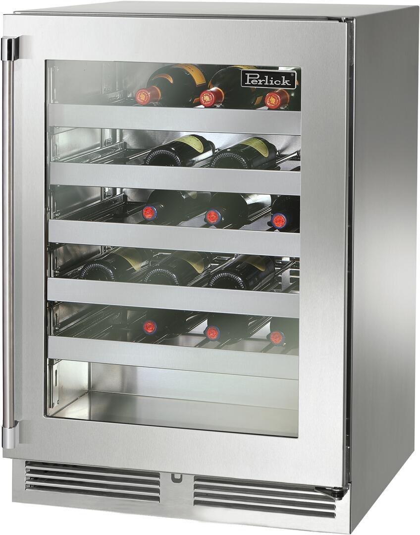 Stainless steel built-in wine cooler with clear glass door, interior shelves, and bottle storage