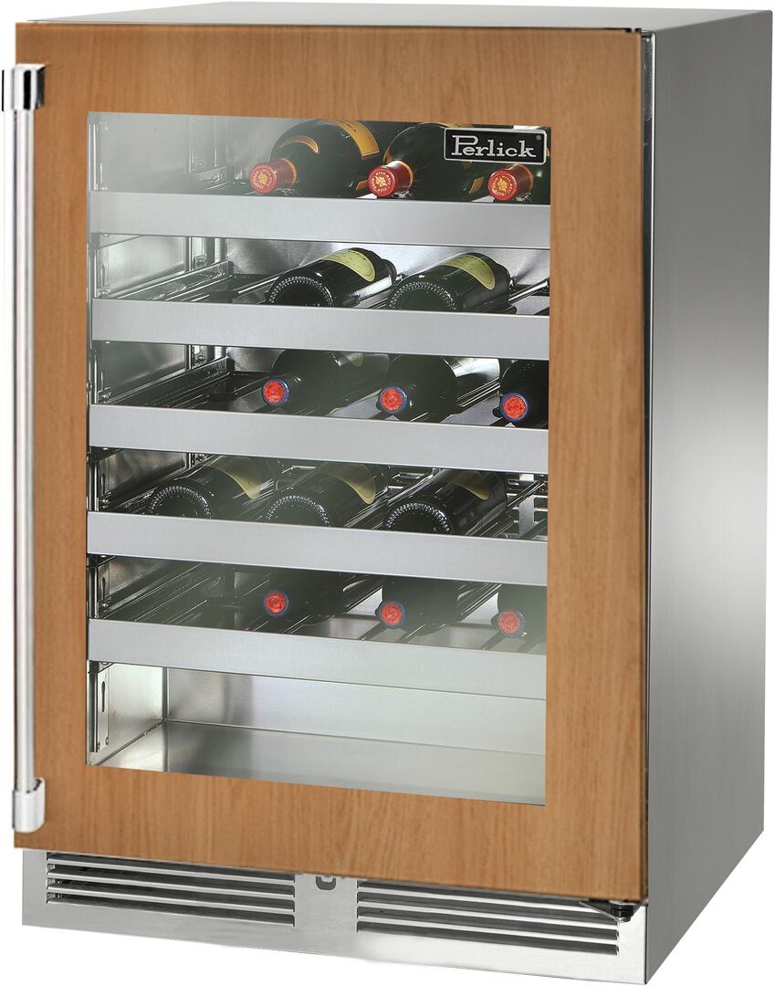 Panel-ready wine cooler with clear glass door and stainless frame; bottle racks inside