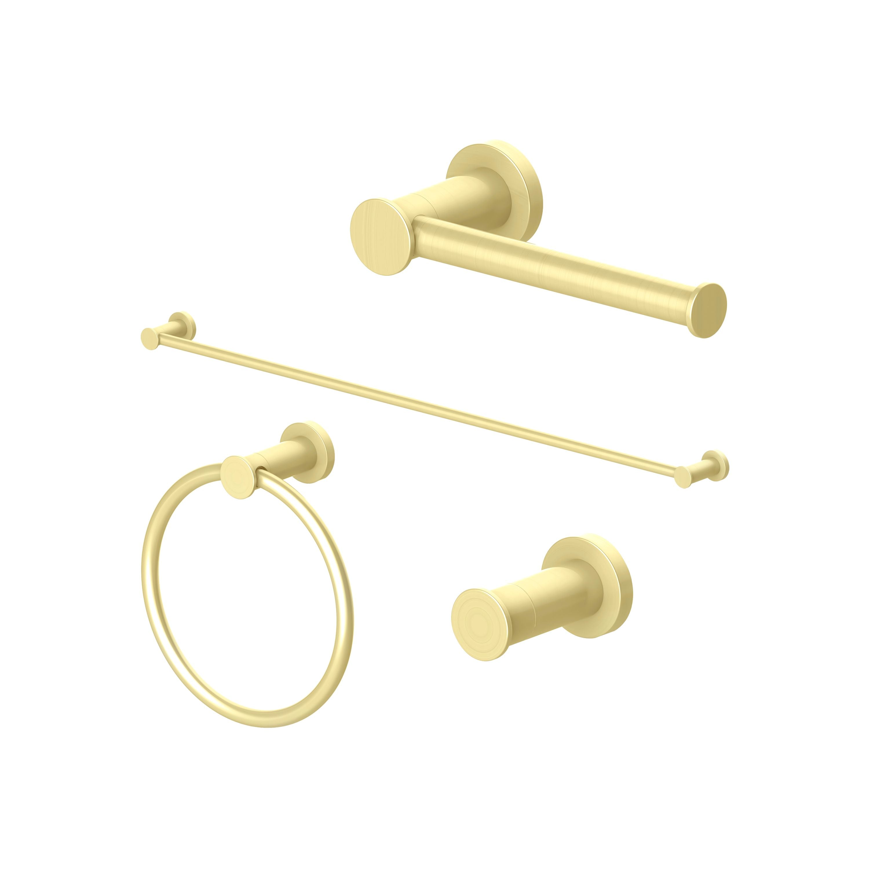 Bathroom accessory set in polished gold with towel rail, hook, and towel ring