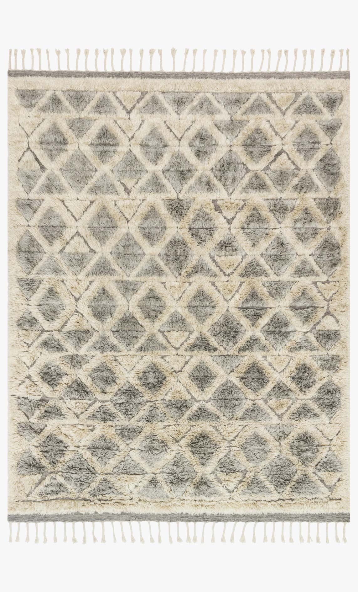 Hand-loomed area rug with light taupe base, gray diamond pattern, and cream fringe edges