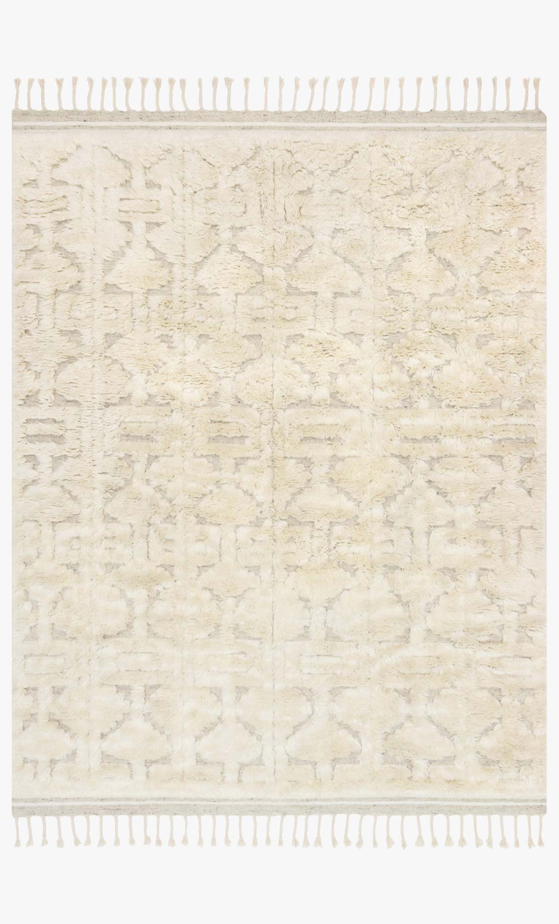 Hand-loomed contemporary rug in oatmeal/ivory with geometric pattern and fringe edges