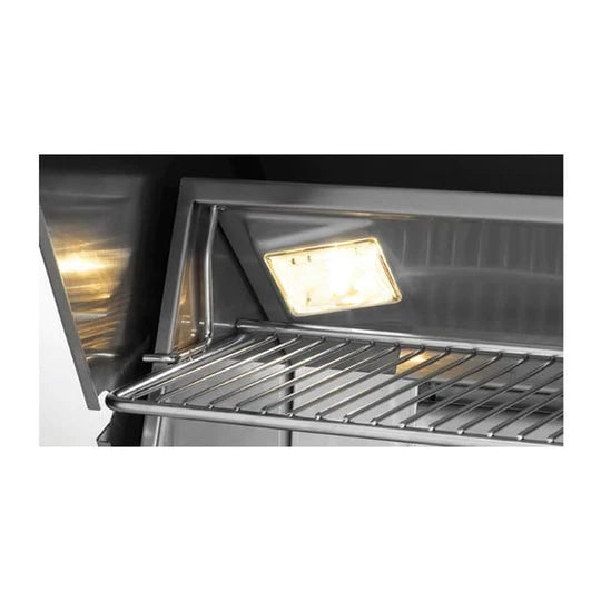 Freestanding propane grill with open hood, metal cooking grates, and lit burner area