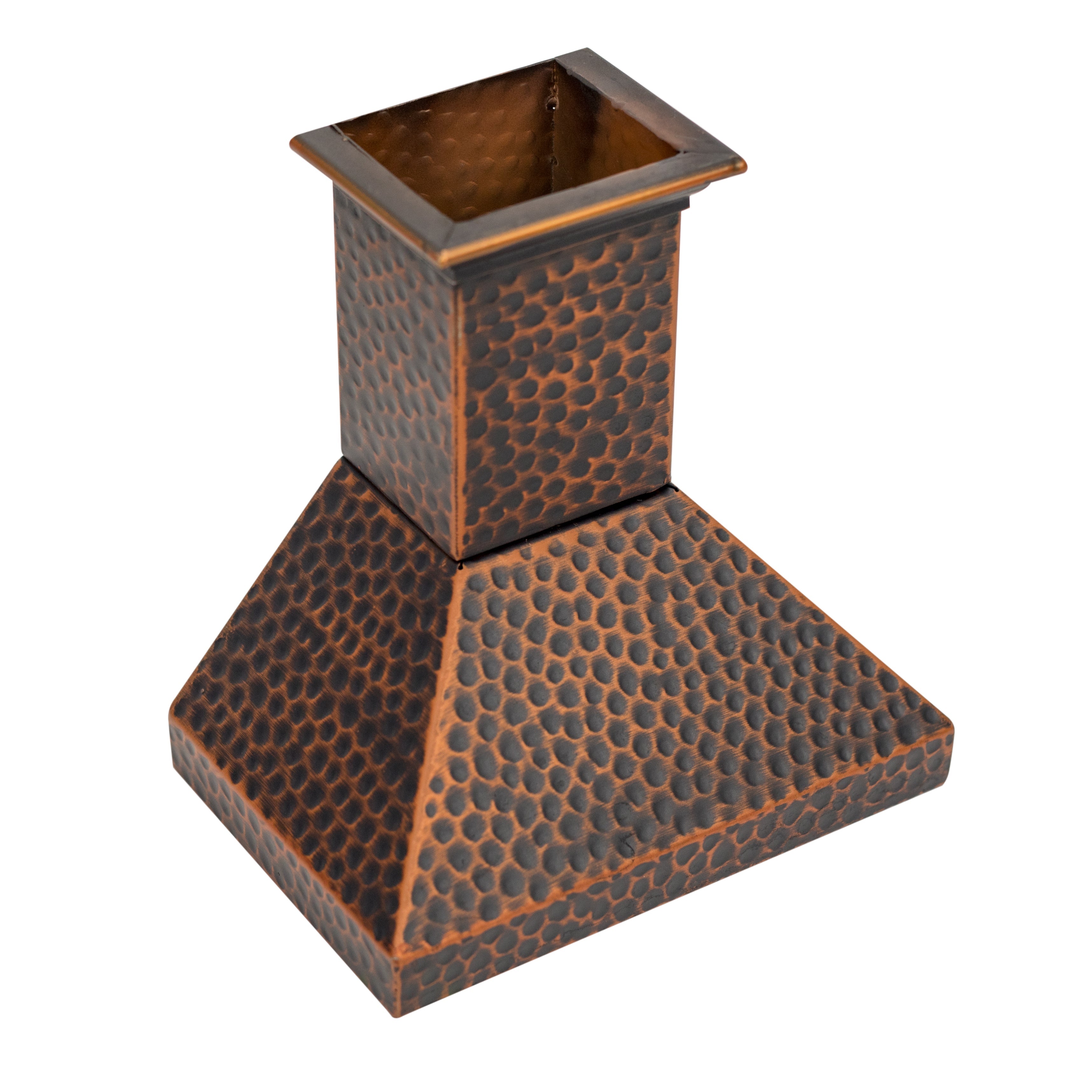 Hand-hammered mini range hood with rectangular chimney and hammered hex pattern body