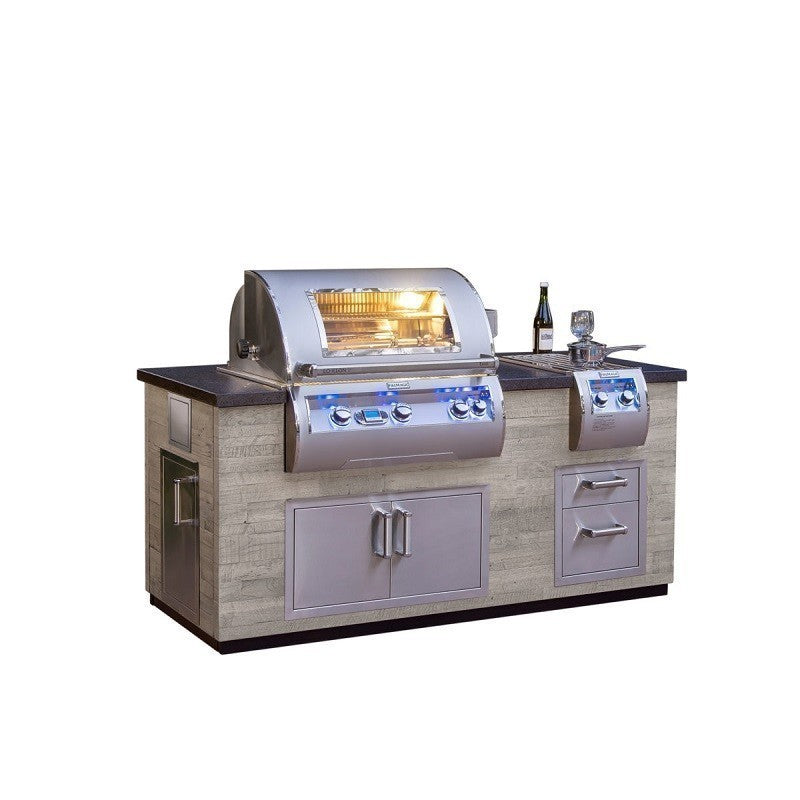 Reclaimed wood outdoor grill island with stainless burner hood, side cabinet, and two doors