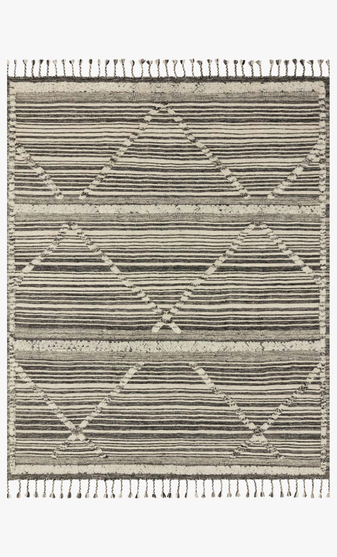 Ivory and charcoal hand-knotted rug with geometric diamond pattern and short fringe border