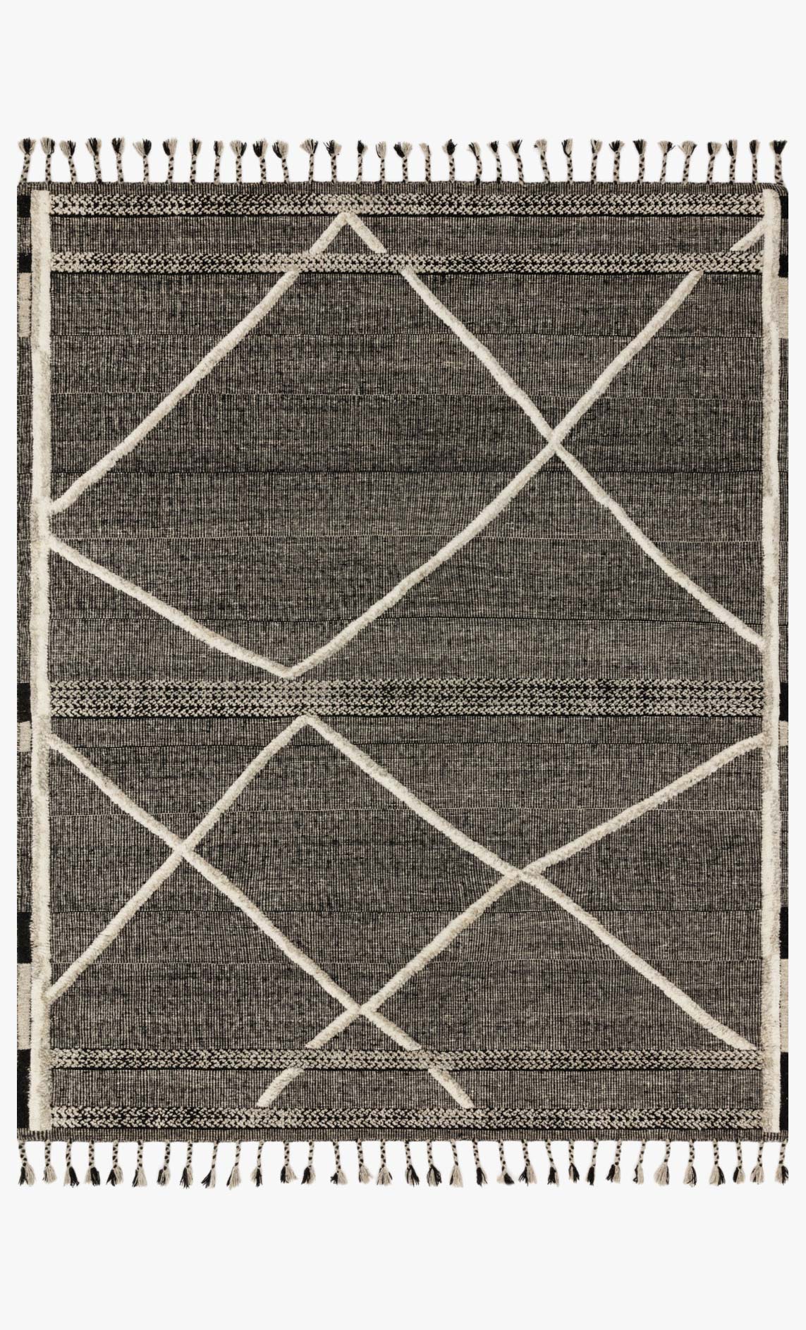 Beige and charcoal hand-knotted rug with diamond and X geometric pattern, fringed border