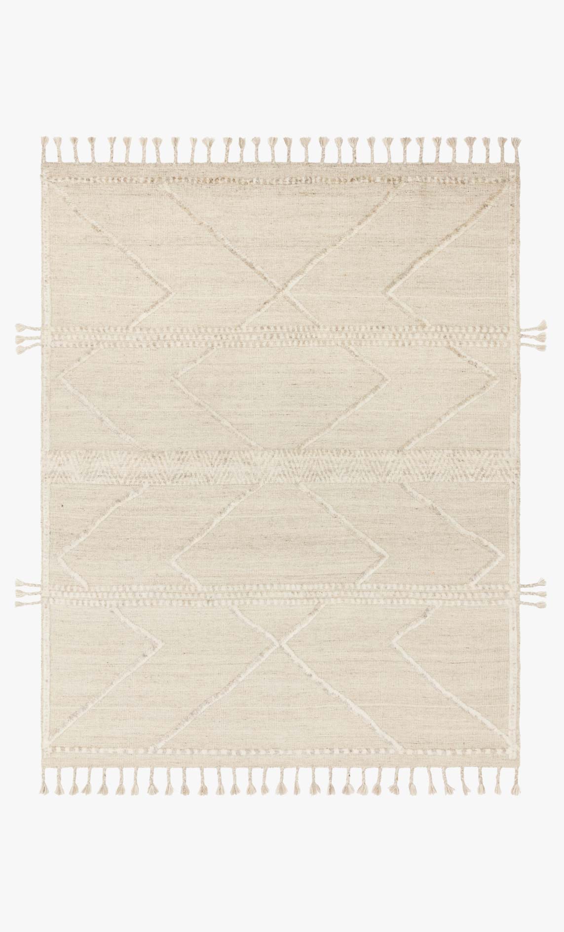 Beige and ivory contemporary rug with woven geometric pattern and long edge fringe, full view