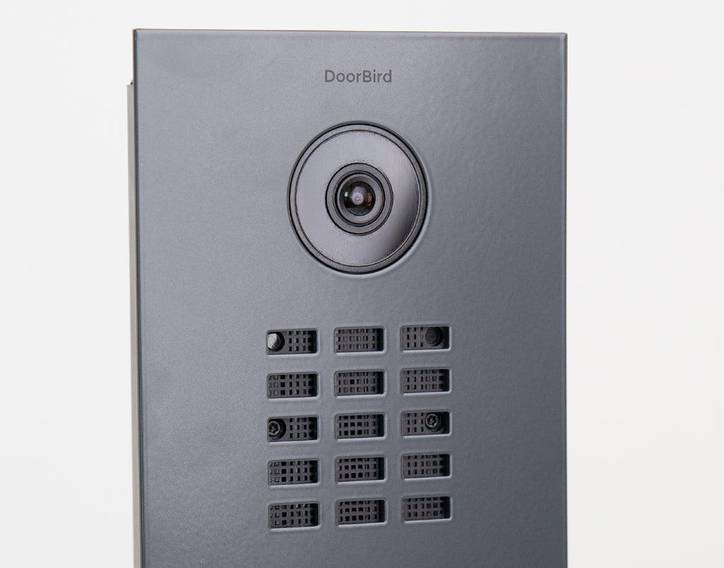 Anthracite grey video door station front with camera lens and keypad buttons