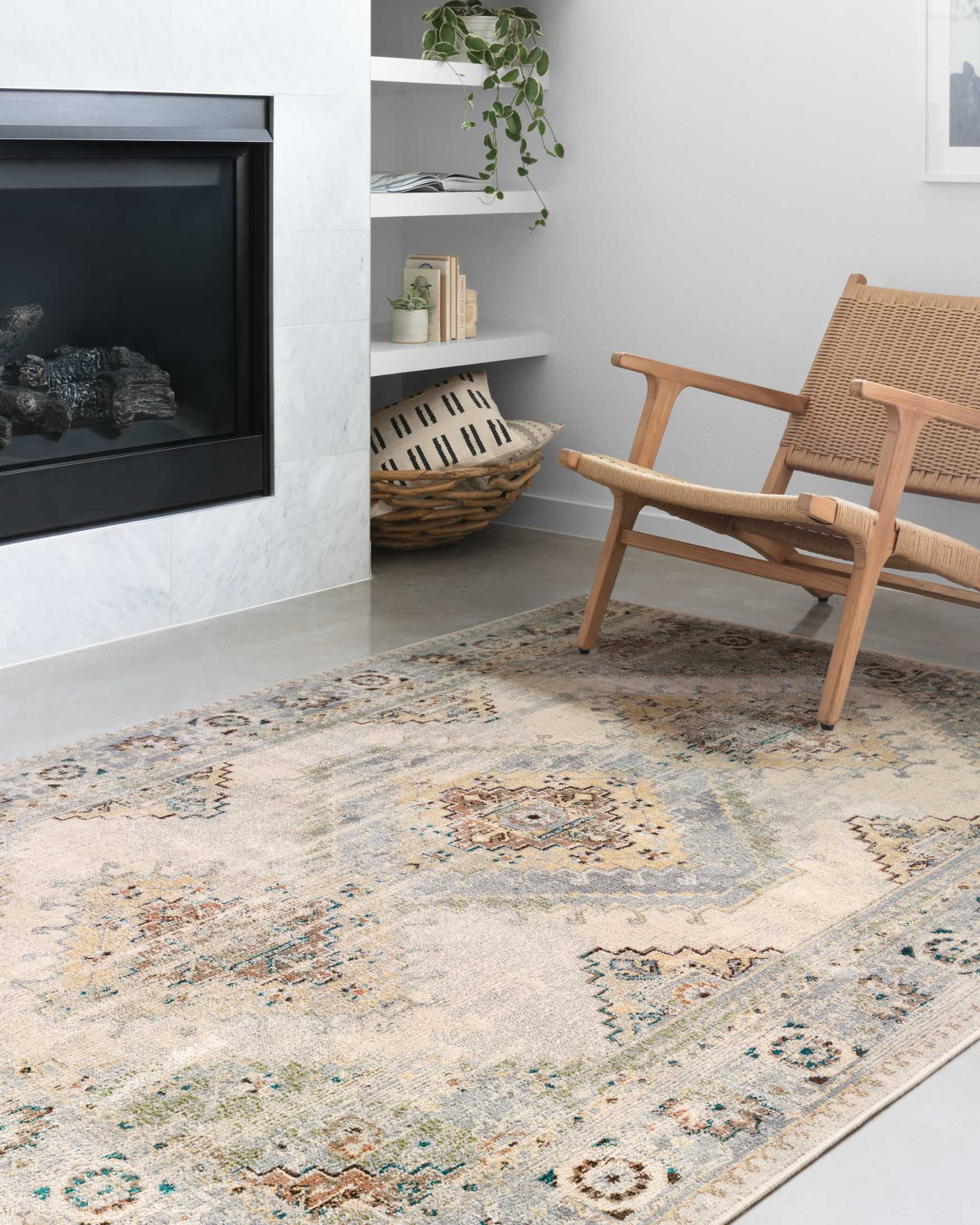 Oatmeal and silver transitional rug with distressed abstract geometric pattern and low pile