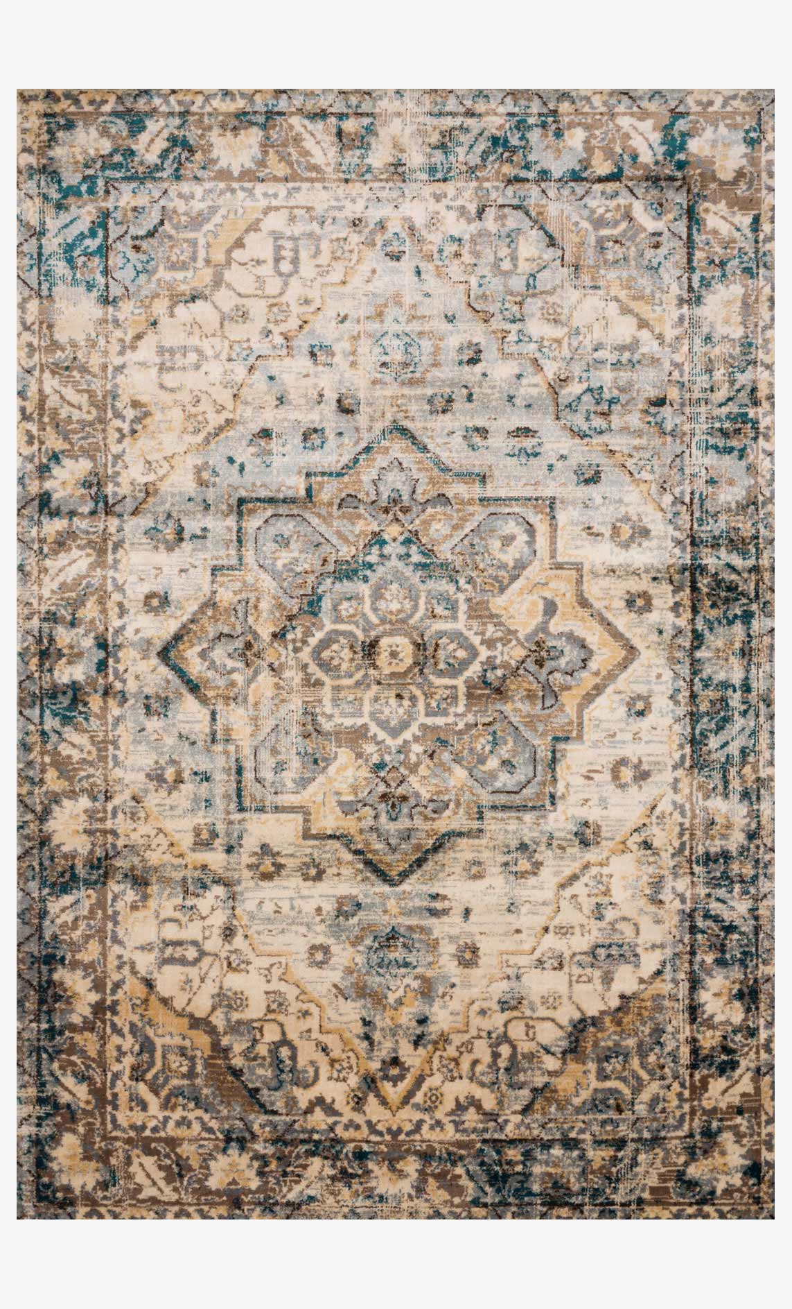 Transitional power-loomed rug with oatmeal field, blue medallion pattern, bordered edges.