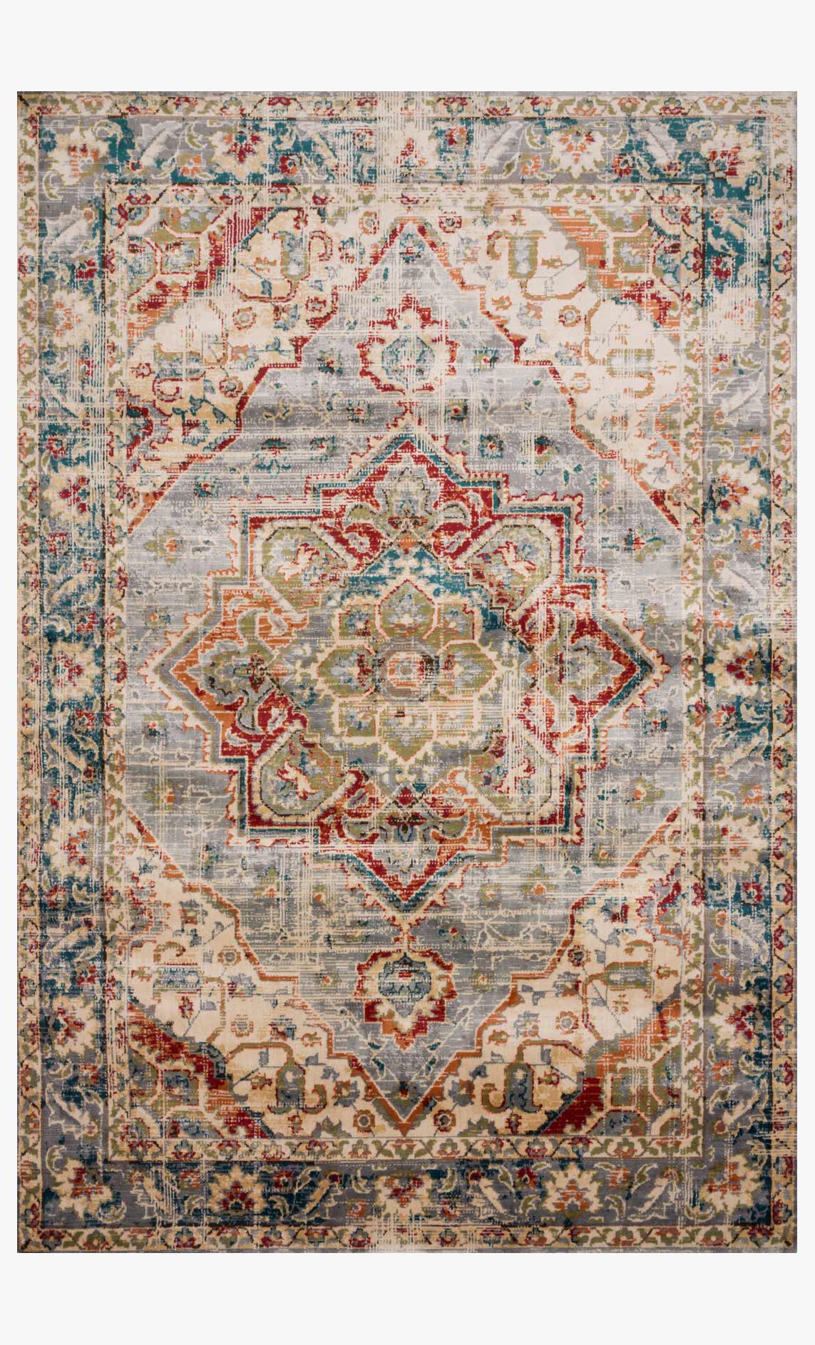 Transitional power-loomed area rug with large central medallion in oatmeal and multicolor