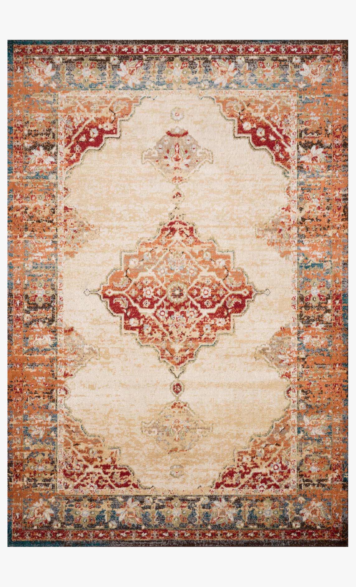 Rectangular antique ivory power loom rug with orange and red medallion center and teal accents