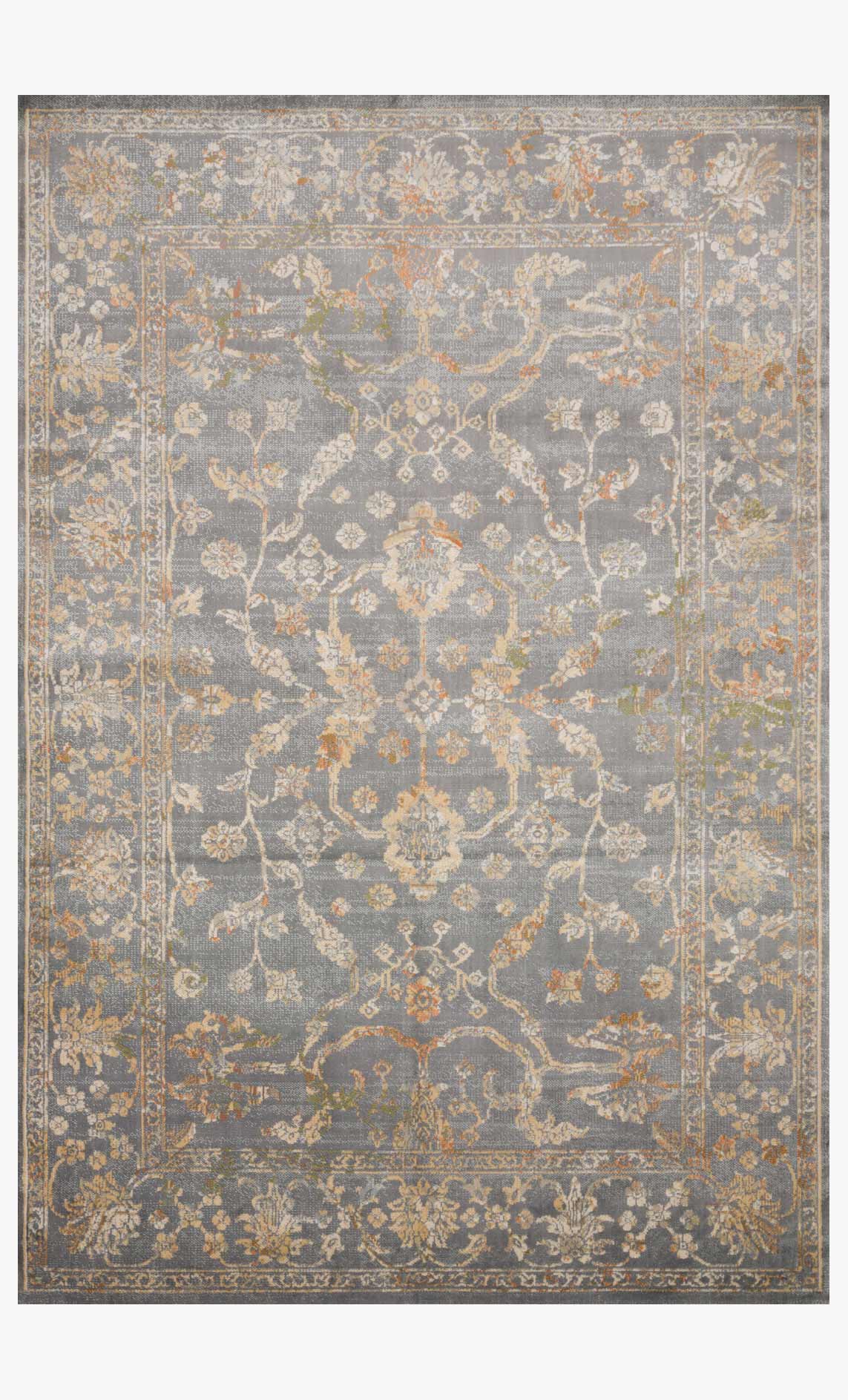 Transitional power-loomed rug with ornate silver, gray, and gold floral medallion pattern