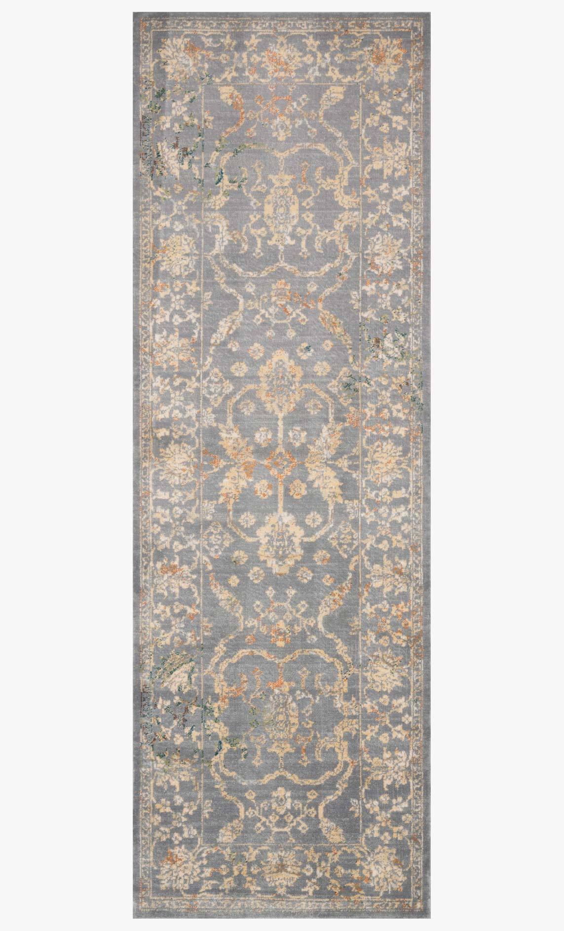 Transitional power-loomed vertical rug with ornate silver-gray damask and floral border