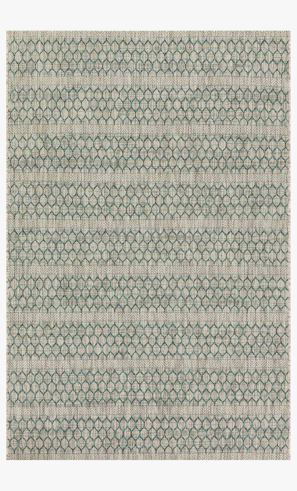Grey and teal geometric diamond rug with horizontal striped bands