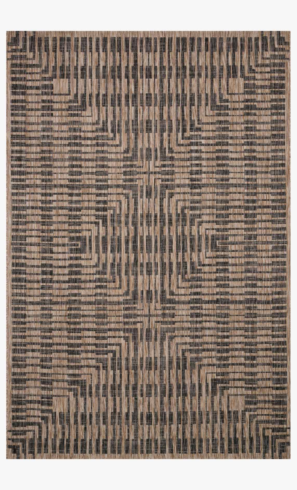 Indoor/outdoor rug, brown and black geometric maze pattern, flat weave