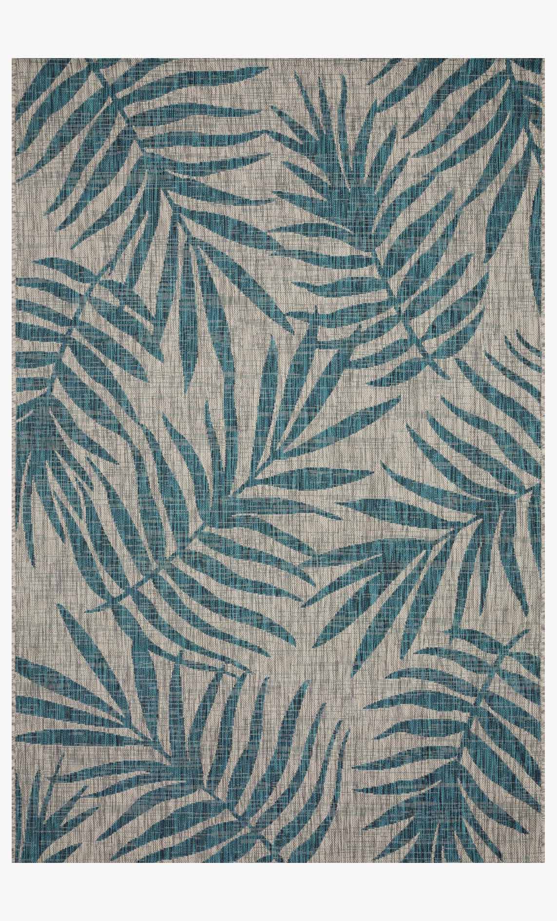 Indoor/outdoor rug, grey with aqua palm leaf pattern