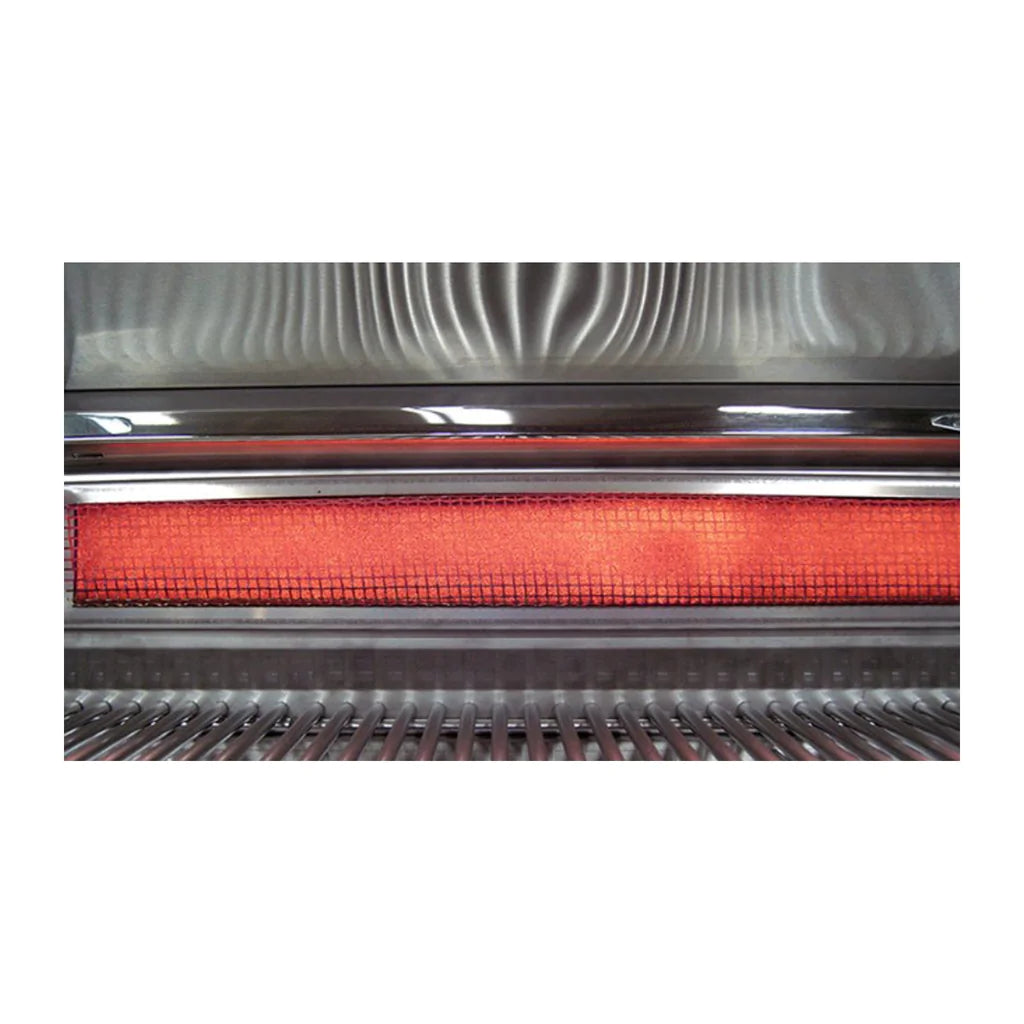 Infrared heater panel glowing red above the grill grates