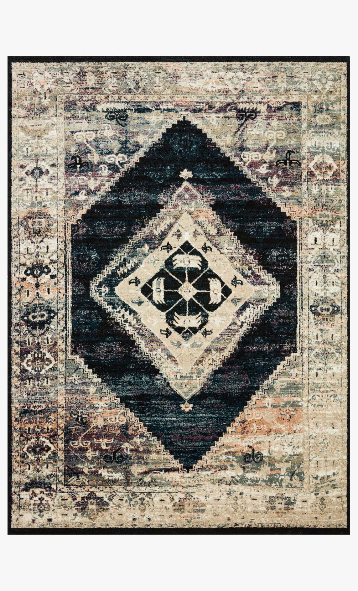 Contemporary power-loomed rug with ink, cream, and rust geometric diamond medallion
