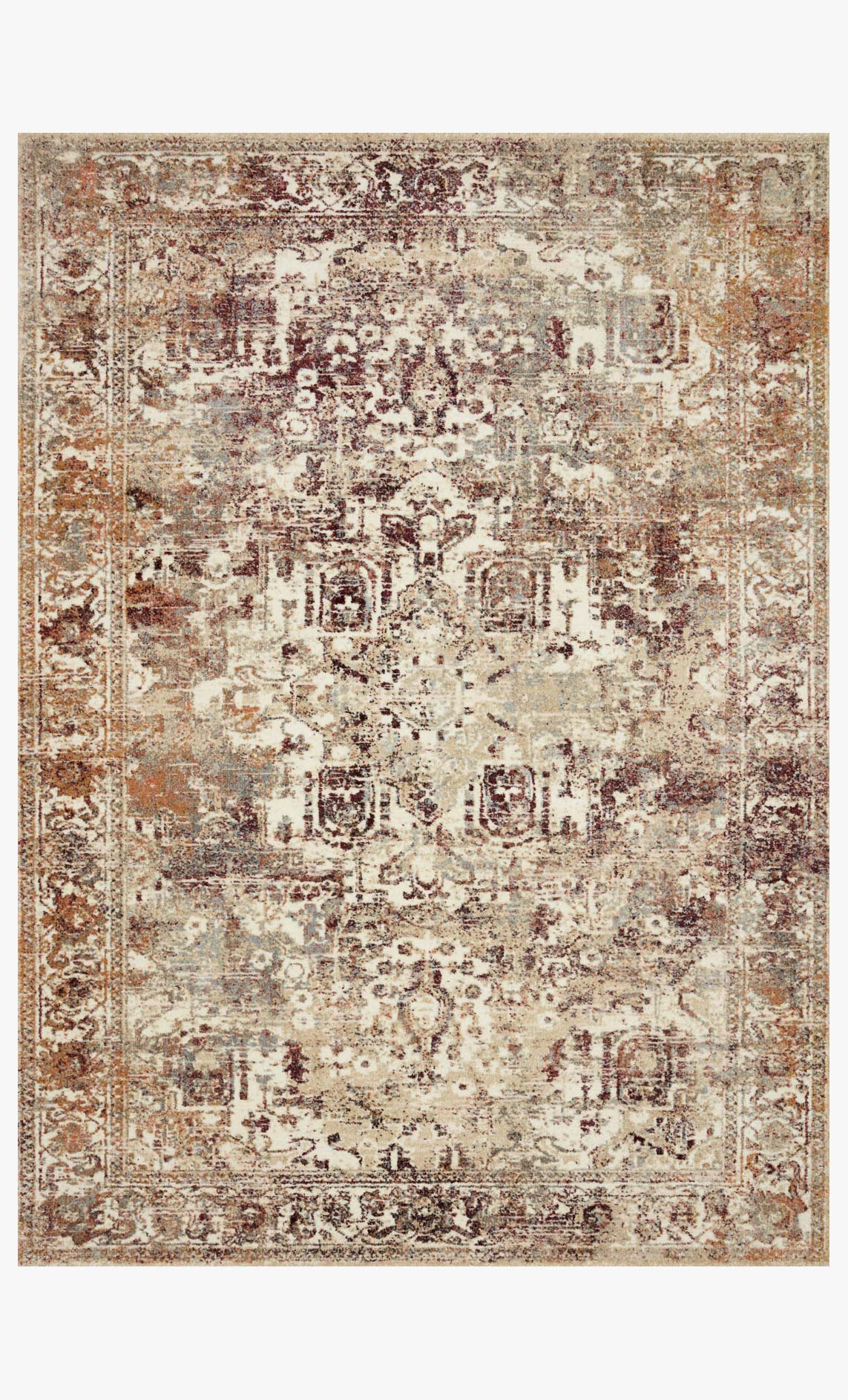 Ivory area rug with ornate abstract pattern in rust and taupe, power-loomed