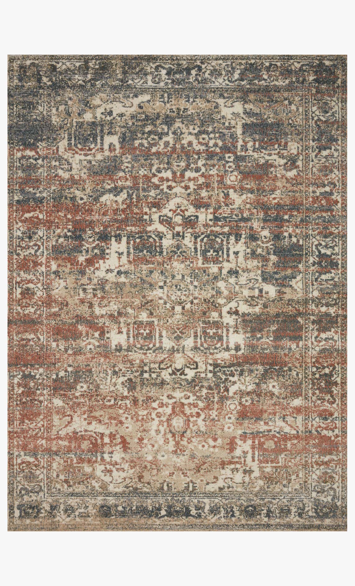Natural area rug with vintage medallion pattern in rust, teal, and ivory tones