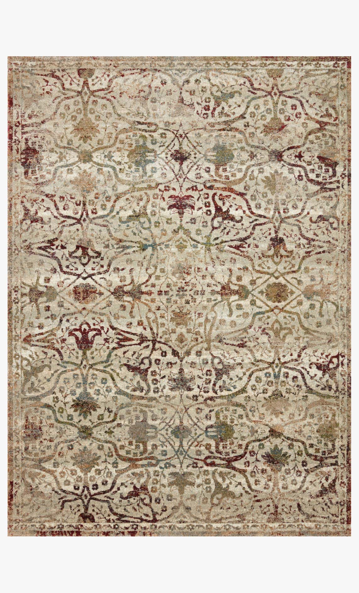 Cream and silver ornate rug with burgundy medallion pattern and border
