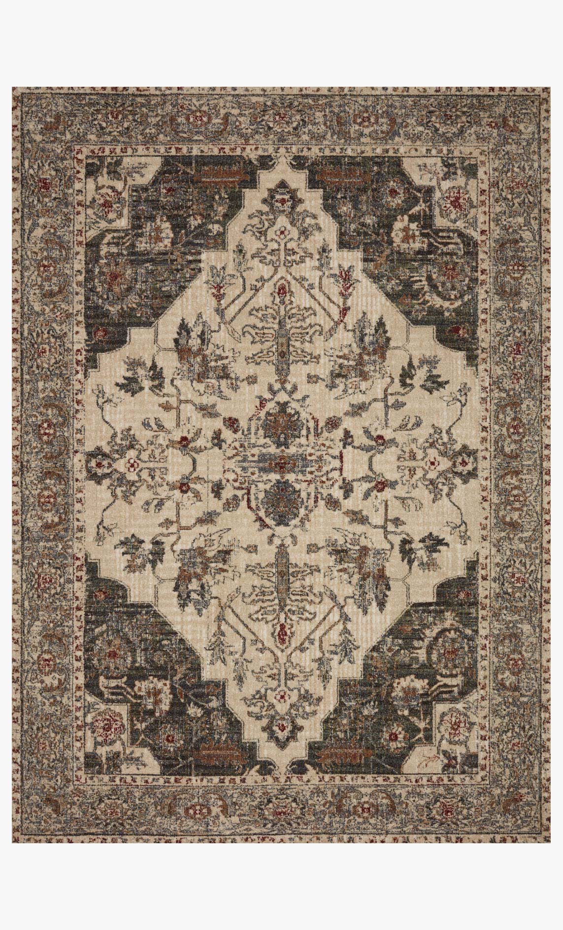 Contemporary area rug with central medallion and ornate border, dove and denim tones.